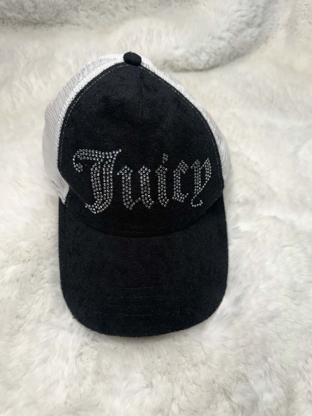 Juicy Couture Black Terry Cloth Rhinestone Logo Trucker Hat